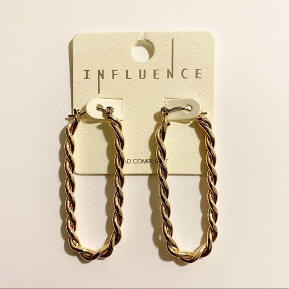 Gold Oblong Oval Twisted Hoop Earrings - Picture 1 of 6